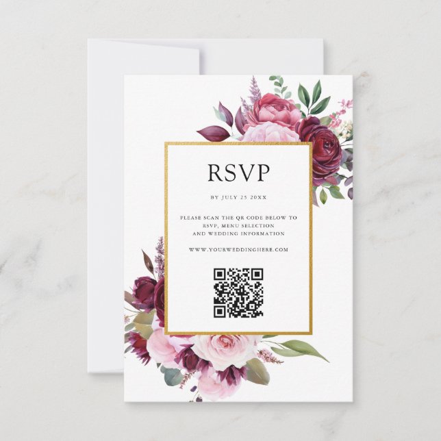 Burgundy and Pink Elegant Floral Wedding RSVP Card (Front)