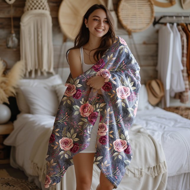 Burgundy and Pink Fall Rose Dream Fleece Blanket (Creator Uploaded)