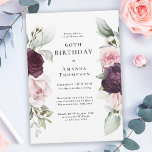 Burgundy and Pink Floral 60th Birthday Invitation<br><div class="desc">Celebrate a special milestone birthday with this beautiful watercolor roses botanical birthday party invitation that features floral borders on each side of the elegantly placed text. Colours include pale blush pink, deep burgundy red and plum mixed with ethereal greenery and tiny white accent flowers. Personalise the text template with your...</div>