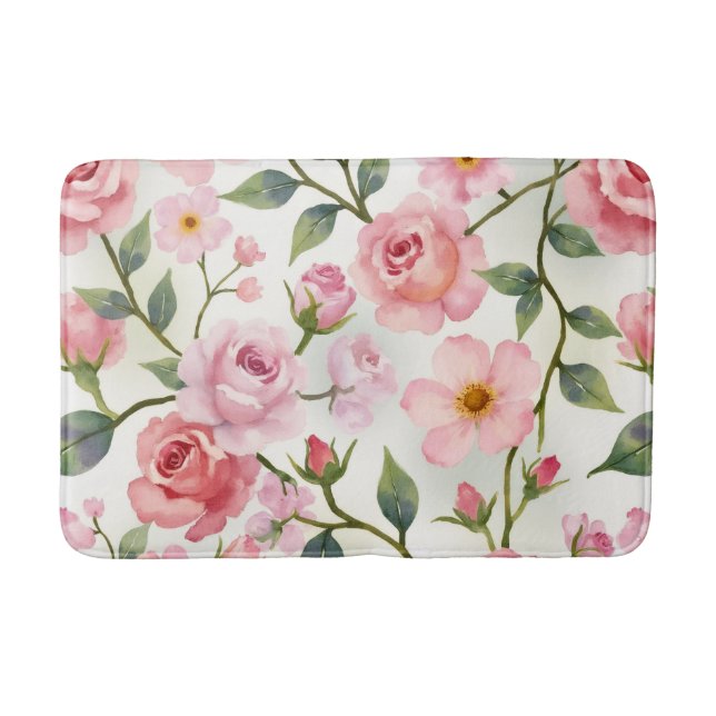 Burgundy and Pink Floral Bath Mat (Front)
