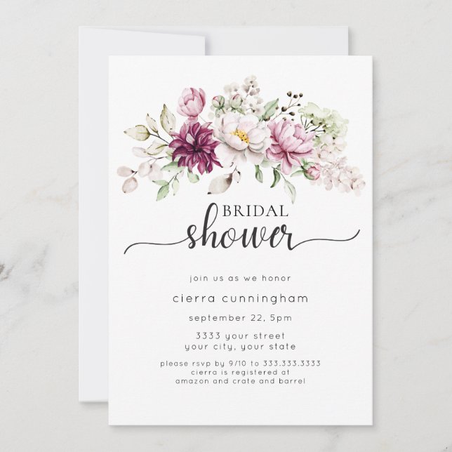 Burgundy and Pink Floral Bridal Shower Invitation (Front)