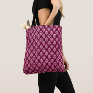 BURGUNDY AND PINK FLORAL & DIAMOND PATTERNS TOTE BAG
