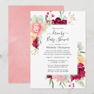 Burgundy and Pink Floral Drive By Shower Invitation