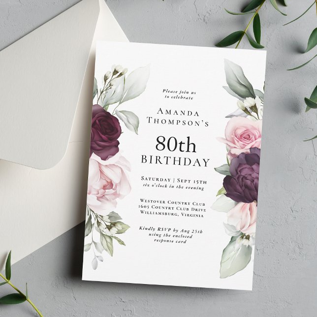 Burgundy and Pink Floral Elegant 80th Birthday Invitation (Creator Uploaded)