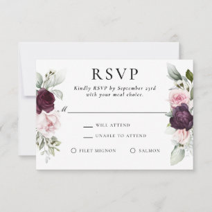 Burgundy and Pink Floral Elegant RSVP Meal Choice Card