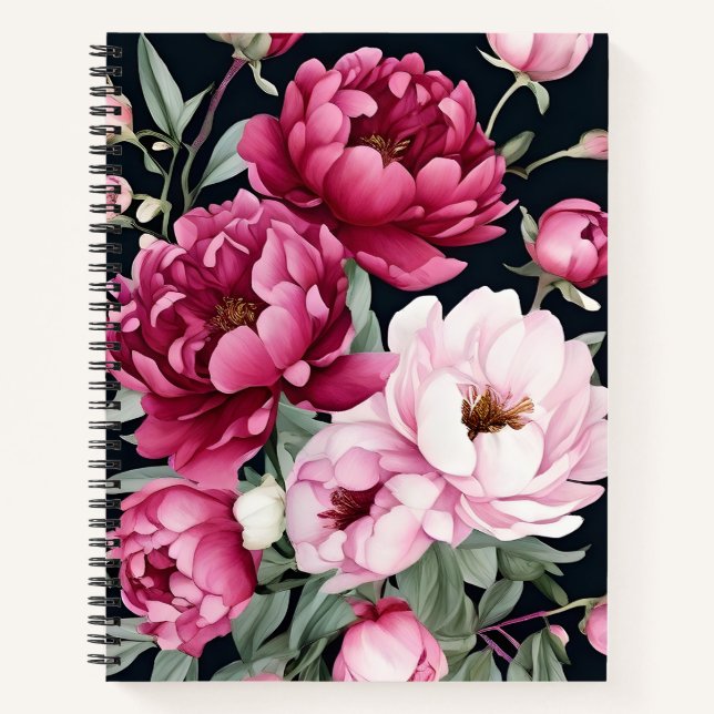 Burgundy and Pink Floral on Black Notebook (Front)