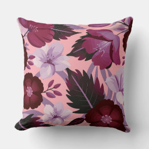 Burgundy and Pink Floral on Soft Blush Background Cushion