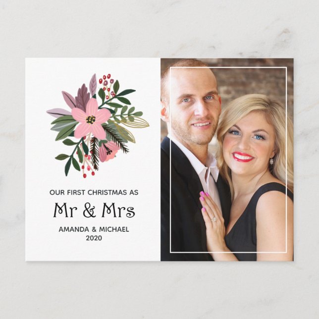 Burgundy and Pink Floral Our First Christmas Photo Holiday Postcard (Front)