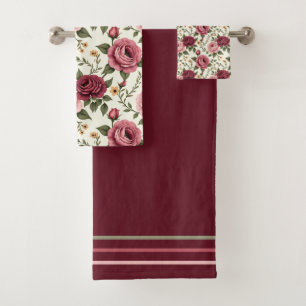 Burgundy and Pink Floral Rose Bath Towel Set
