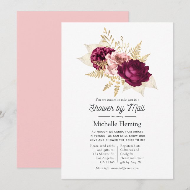 Burgundy and Pink Floral Shower by Mail Invitation (Front/Back)
