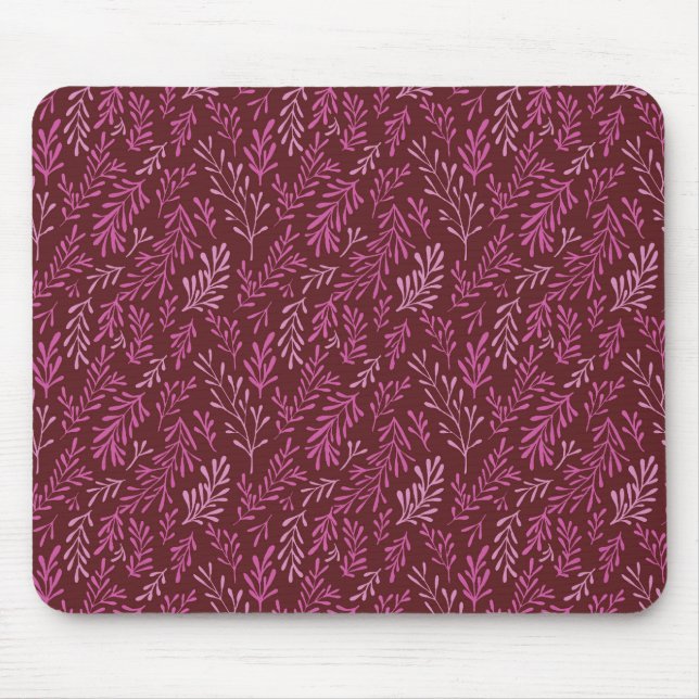 Burgundy and Pink Floral Tropical Leaf Pattern Mouse Mat (Front)