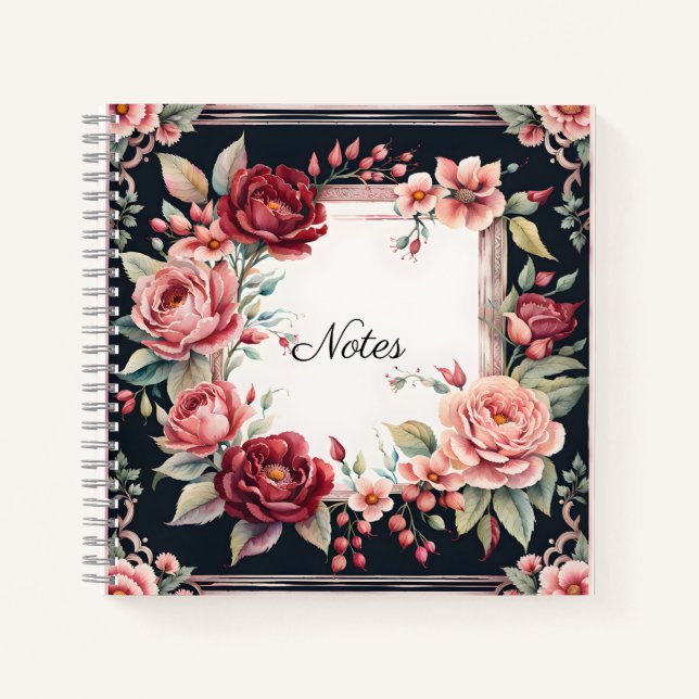 Burgundy and Pink Flowers on Black Notebook (Front)