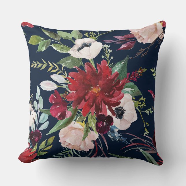 Burgundy and pink flowers pattern cushion (Front)