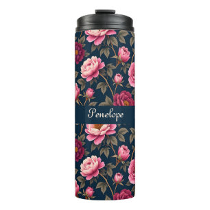 Burgundy and Pink Flowers Thermal Tumbler