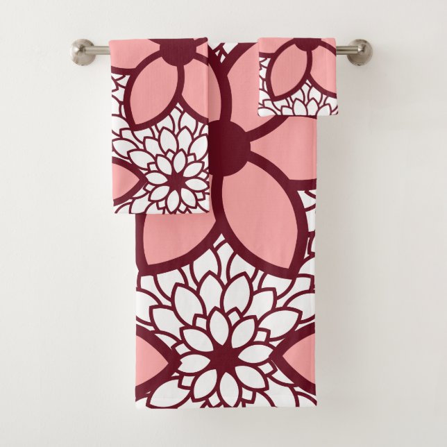 Burgundy and Pink Modern Floral Bath Towel Set (Insitu)