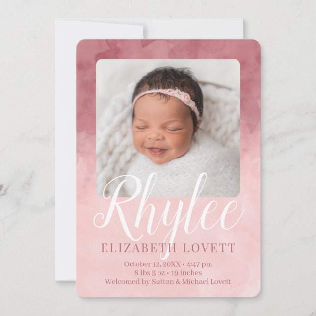 Burgundy and Pink Ombre Watercolor Birth Announcement (Front)