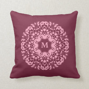 Burgundy and pink Victorian momogram elegant Cushion