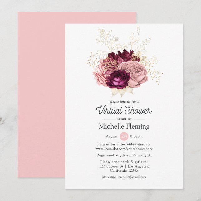 Burgundy and Pink Virtual Baby or Bridal Shower Invitation (Front/Back)