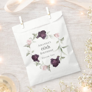 Burgundy and Pink Watercolor Floral 60th Birthday Favour Bags