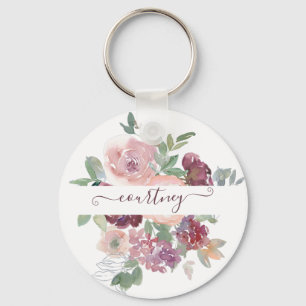 Burgundy and pink watercolor floral personalised   key ring