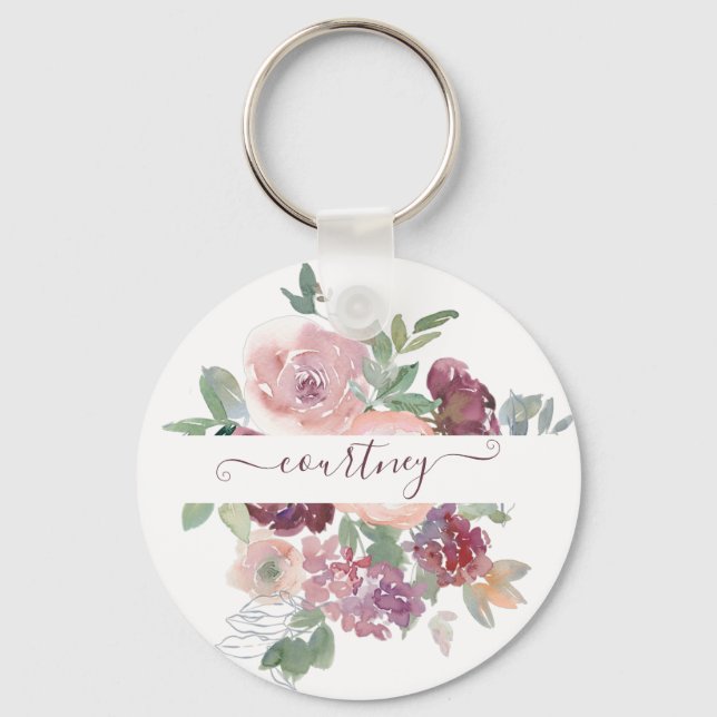 Burgundy and pink watercolor floral personalised   key ring (Front)