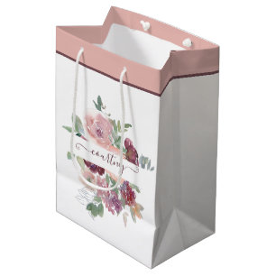 Burgundy and pink watercolor floral personalised medium gift bag