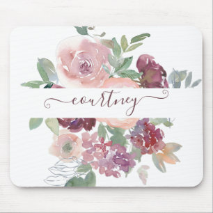 Burgundy and pink watercolor floral personalised   mouse mat