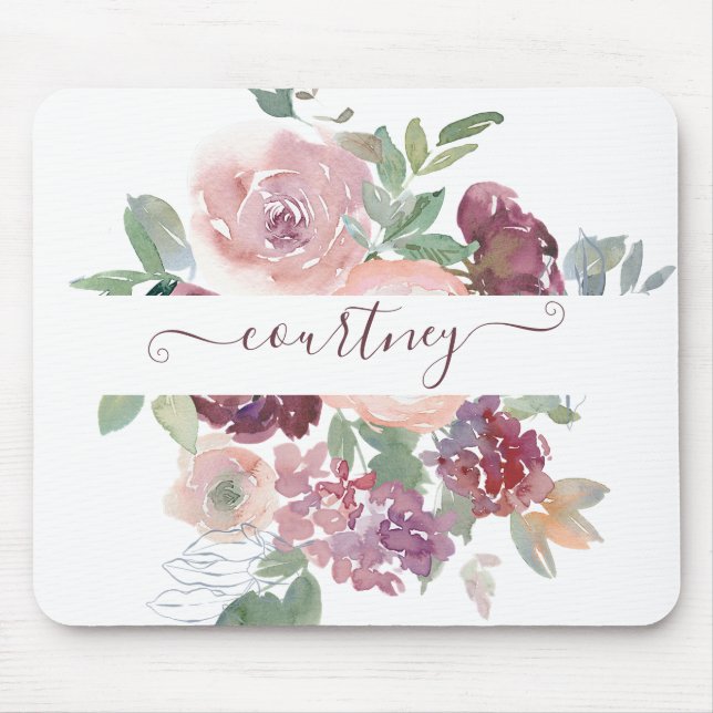 Burgundy and pink watercolor floral personalised   mouse mat (Front)