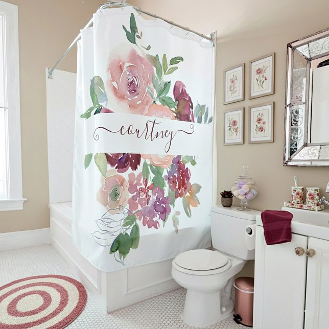 Burgundy and pink watercolor floral personalised   shower curtain (Creator Uploaded)