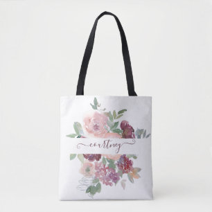Burgundy and pink watercolor floral personalised tote bag
