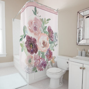 Burgundy and pink watercolor floral shower curtain