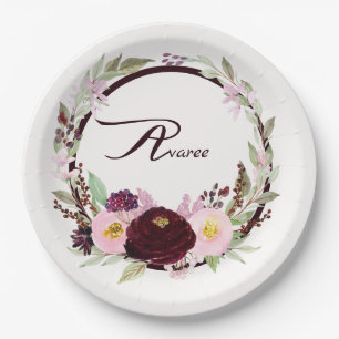 Burgundy and Pink Watercolor Flowers Paper Plate