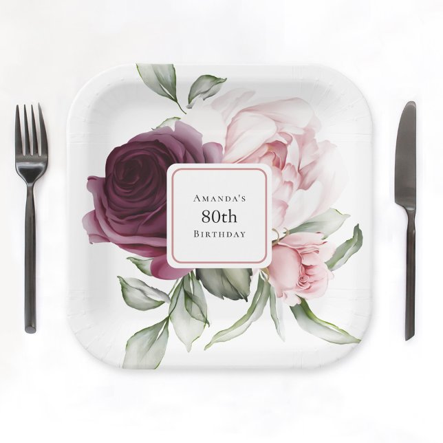 Burgundy and Pink Watercolor Roses 80th Birthday Paper Plate (Available in 7-inch diameter and 9-inch diameter sizes.)