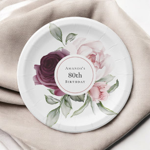Burgundy and Pink Watercolor Roses 80th Birthday Paper Plate