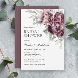 Burgundy and Plum Fall Floral Bridal Shower Invitation<br><div class="desc">A beautifully feminine boho chic bridal shower invitation featuring a corner bouquet of watercolor roses, peonies, eucalyptus and trailing greenery in in rich autumn hues of burgundy, plum, dusty rose, green and blue-green. Trendy type face pairings give a neat and crisp appearance that is easy to read and personalise with...</div>