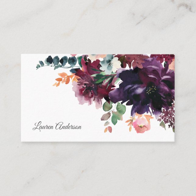 Burgundy and Plum Watercolor Floral Business Card (Front)