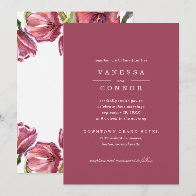 Burgundy and Poppies Elegant Boho Floral Wedding Invitation (Front/Back)