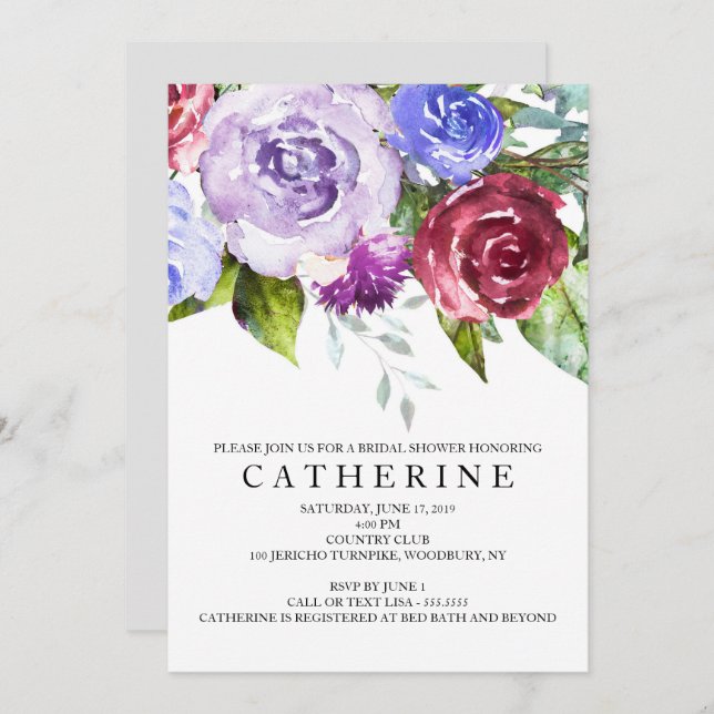 Burgundy and Purple Floral Bridal Shower Invitation (Front/Back)