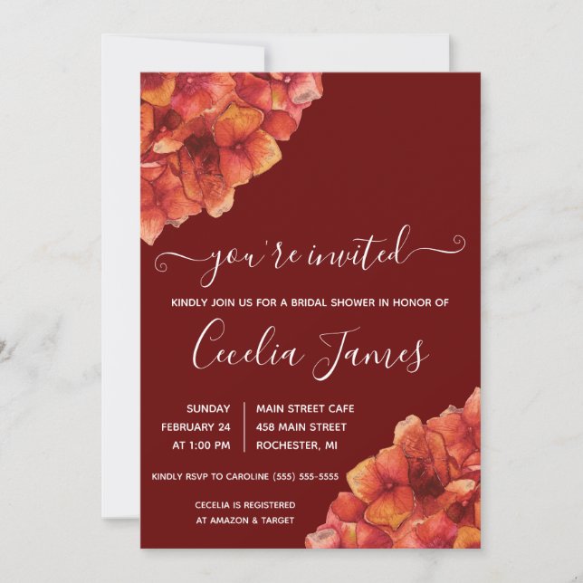Burgundy and Red Hydrangea Bridal Shower  Invitation (Front)
