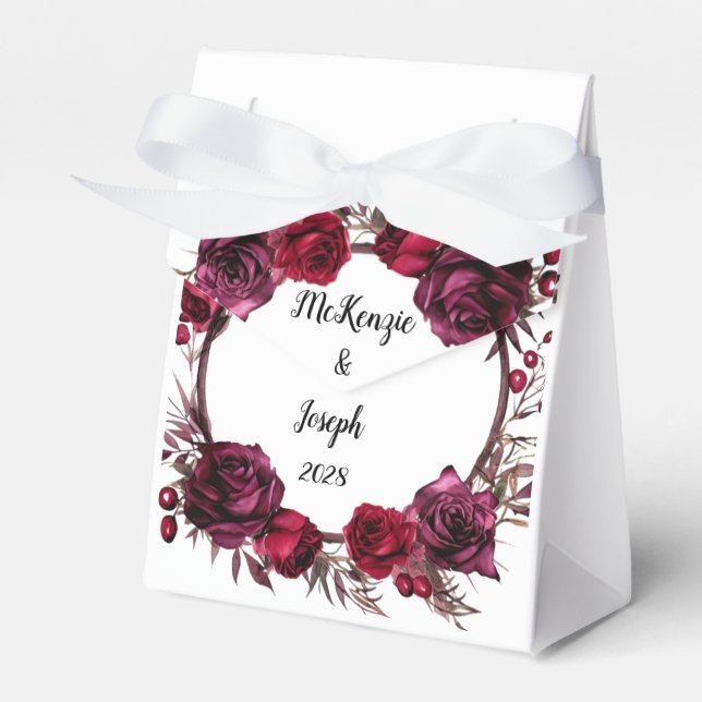 Burgundy and Red Roses Branch Wreath Wedding Favour Box (Front Side)