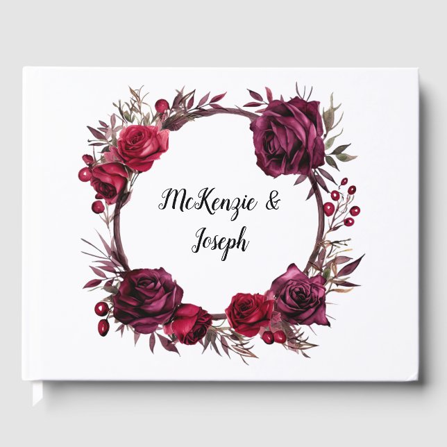 Burgundy and Red Roses Branch Wreath Wedding Guest Book (Front)