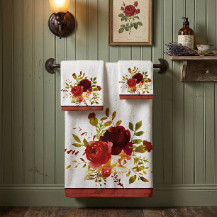 Burgundy and red watercolor roses bath towel set