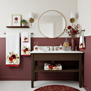 Burgundy and red watercolor roses  bath towel set