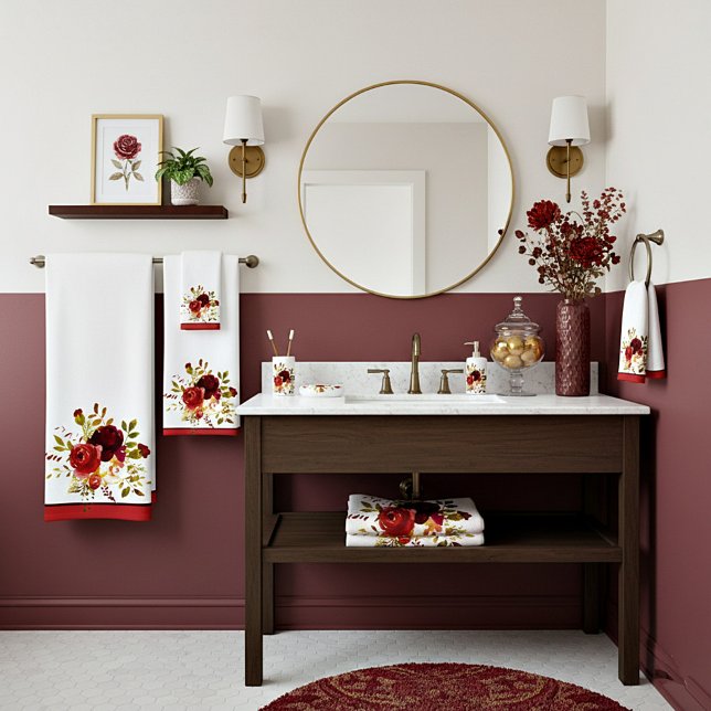 Burgundy and red watercolor roses  bath towel set (Creator Uploaded)