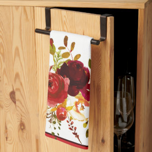 Burgundy and red watercolor roses  kitchen towel