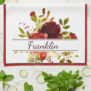 Burgundy and red watercolor roses personalised tea towel