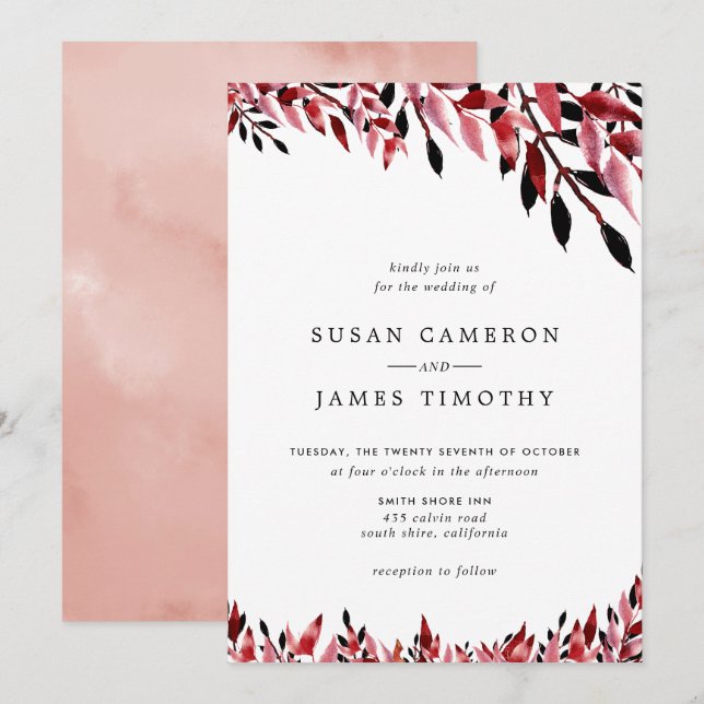 Burgundy and Rose Blush fall wedding Invitation (Front/Back)