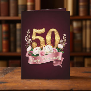 Burgundy and Rose Floral 50 Wedding Anniversary Card