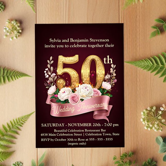 Burgundy and Rose Floral 50th Wedding Anniversary Invitation (Creator Uploaded)
