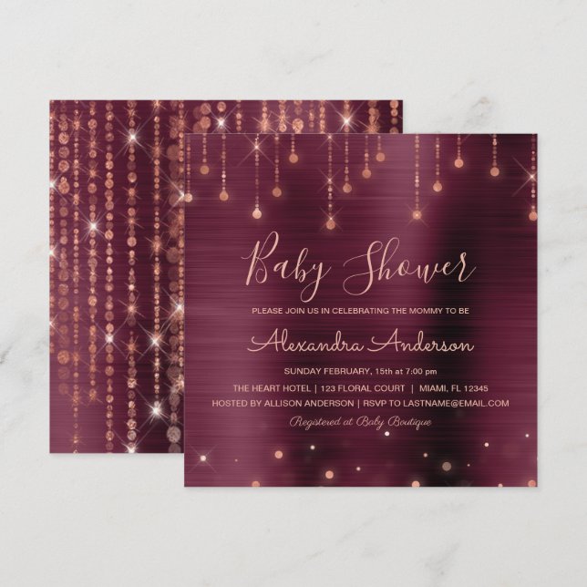 Burgundy and Rose Gold Baby Shower Party Invitation (Front/Back)
